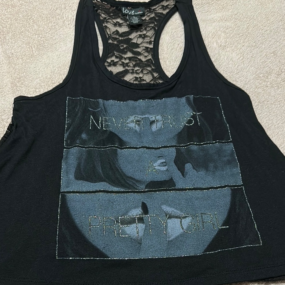 Love Black Lace Back Graphic Tank Top